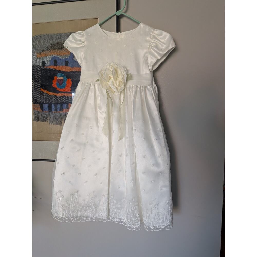 Vtg Bonnie Jean  Communion Flower Girl Dress White Lace Sheer embroidered sz 5